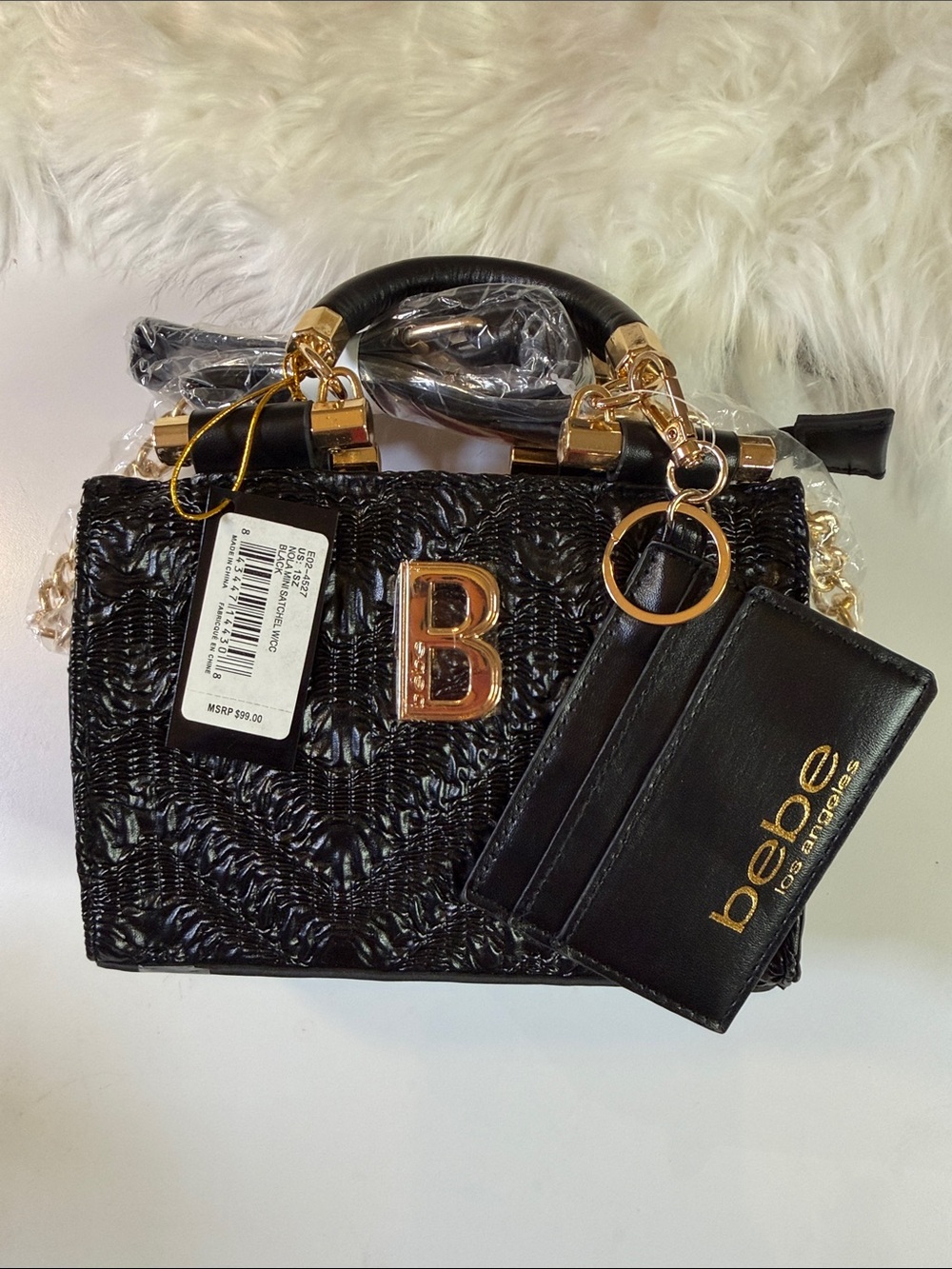 bebe Black Quilted Patent Logo Top-Handle Satchel with Card Holder